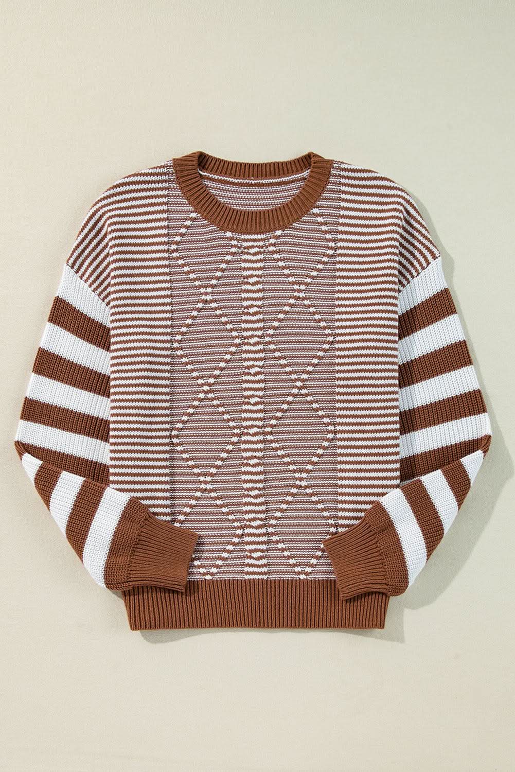 Brown Stripe Geometric Textured Drop Shoulder Sweater - Love Salve